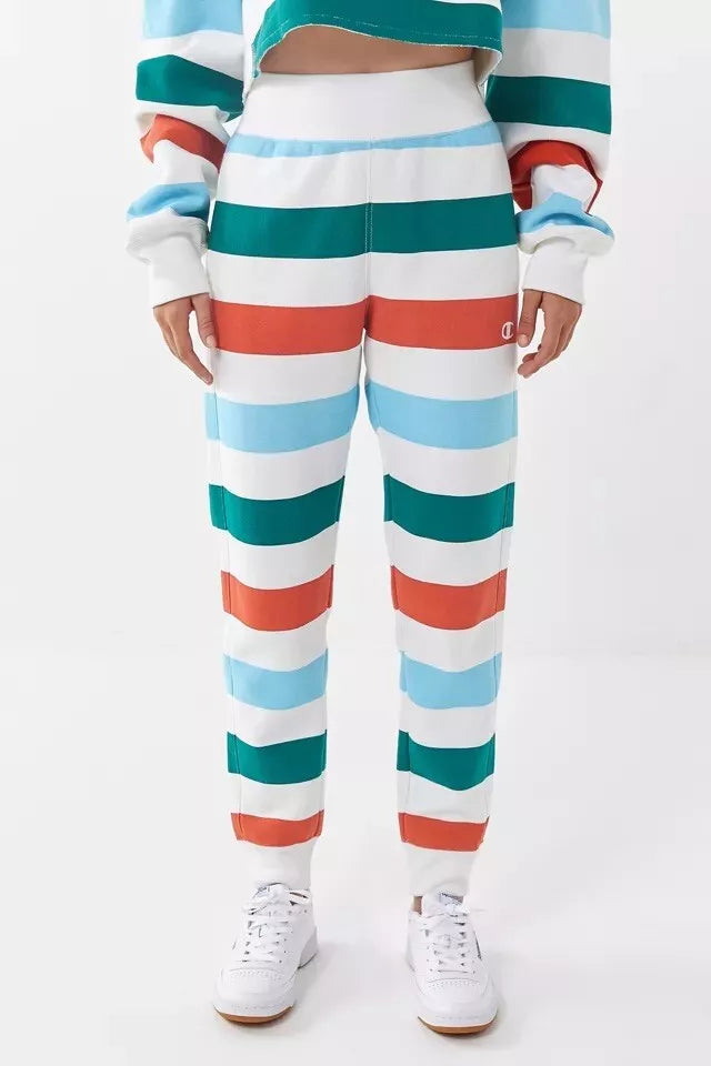 Women’s Reverse Weave Jogger Sweat Pants - White/Rainbow Stripe